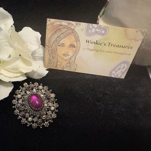 Vintage Sarah Coventry Silver Tone  Brooch with Purple Cabochons and Seed Pearls